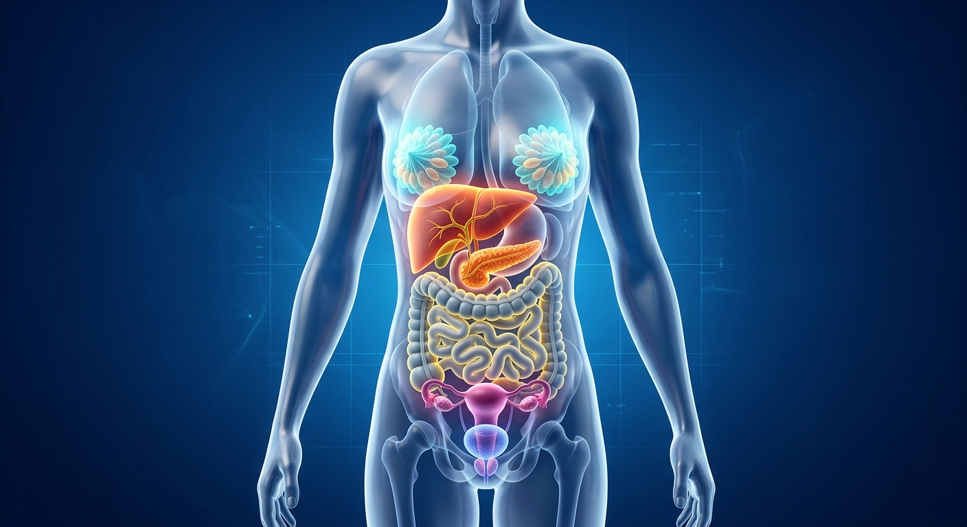 Ilustración anatómica del cuerpo humano con hígado, páncreas, colon, mamas, ovarios y próstata